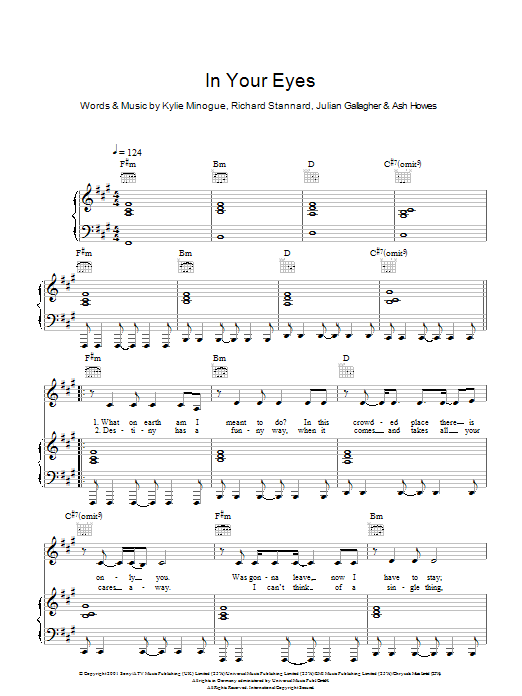 Download Kylie Minogue In Your Eyes Sheet Music and learn how to play Piano, Vocal & Guitar PDF digital score in minutes