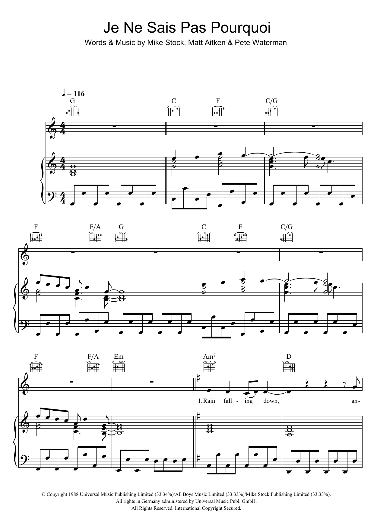 Download Kylie Minogue Je Ne Sais Pas Pourquoi Sheet Music and learn how to play Piano, Vocal & Guitar (Right-Hand Melody) PDF digital score in minutes