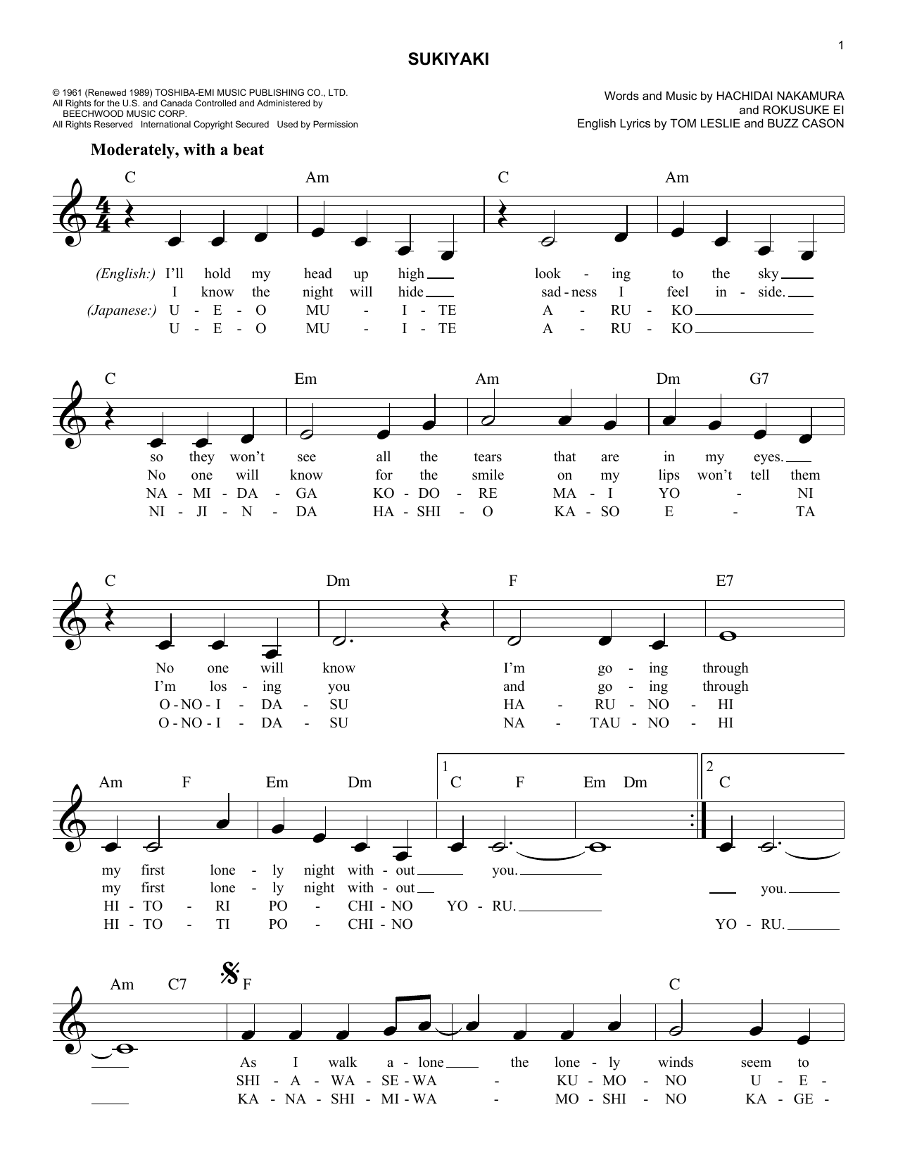 Download Kyu Sakamoto Sukiyaki Sheet Music and learn how to play Melody Line, Lyrics & Chords PDF digital score in minutes