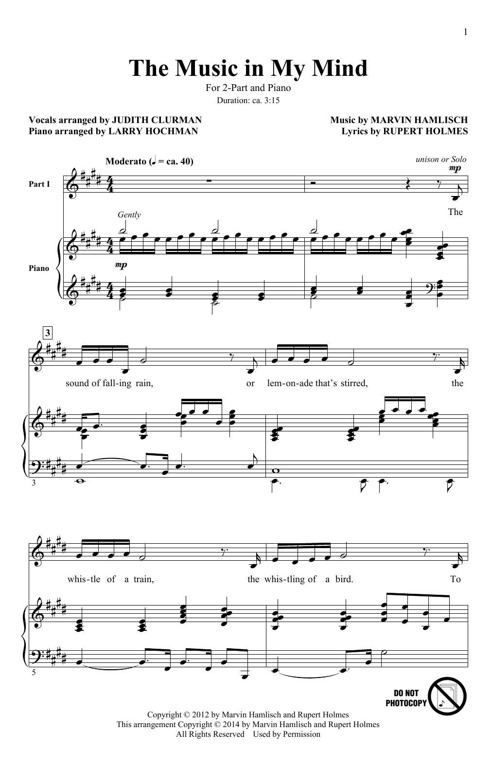 Download L Hochman The Music In My Mind Sheet Music and learn how to play 2-Part Choir PDF digital score in minutes