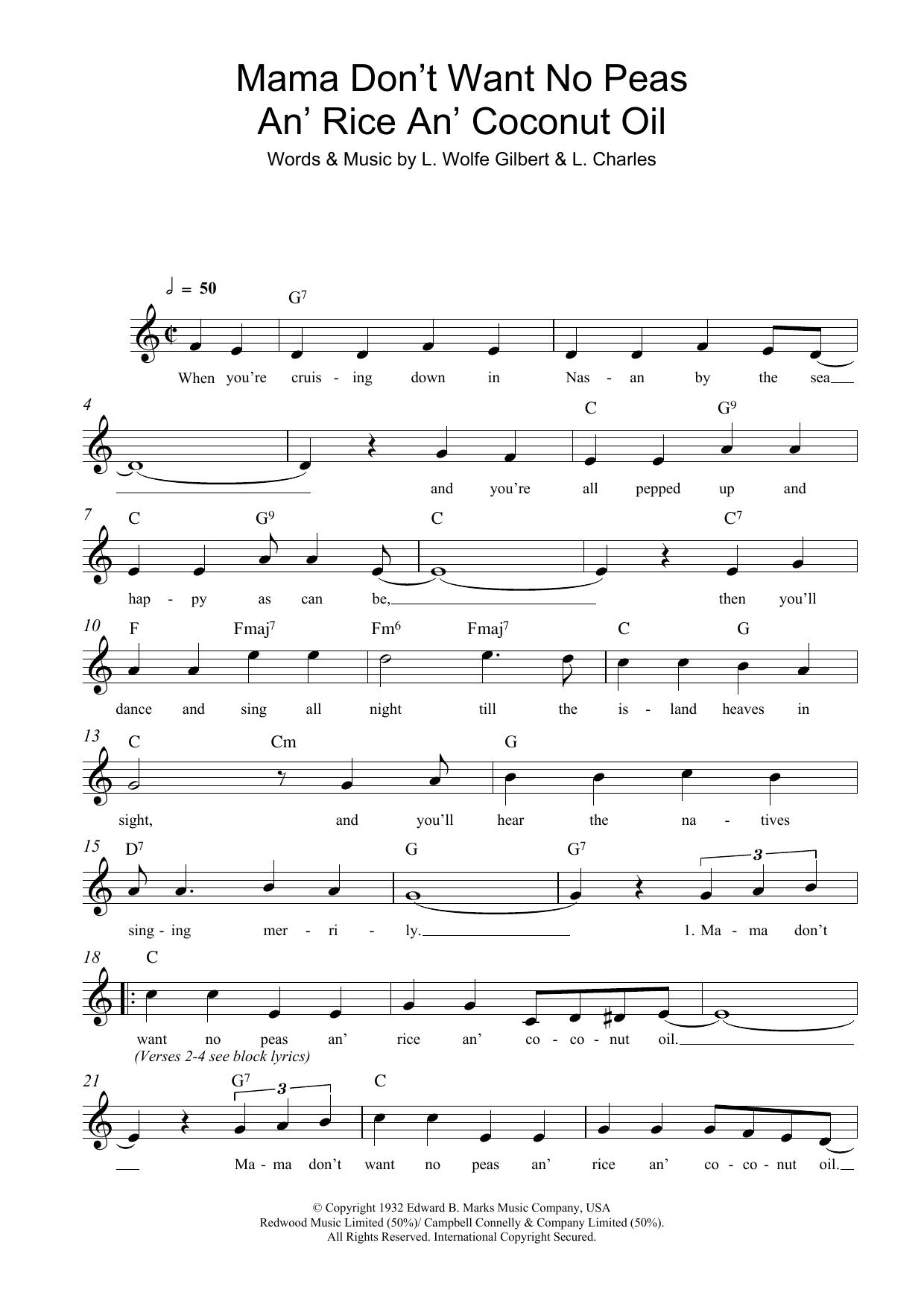 Download L. Wolfe Gilbert Mama Don't Want No Peas An' Rice An' Coconut Oil Sheet Music and learn how to play Lead Sheet / Fake Book PDF digital score in minutes