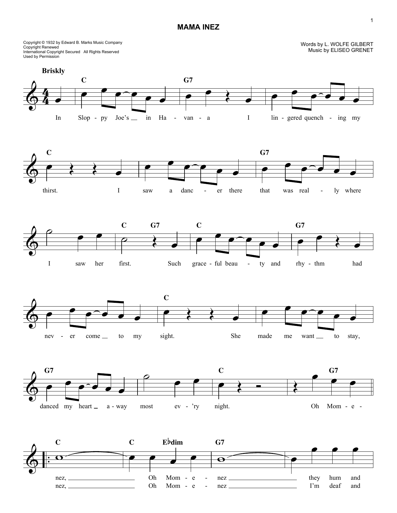 Download L. Wolfe Gilbert Mama Inez Sheet Music and learn how to play Lead Sheet / Fake Book PDF digital score in minutes