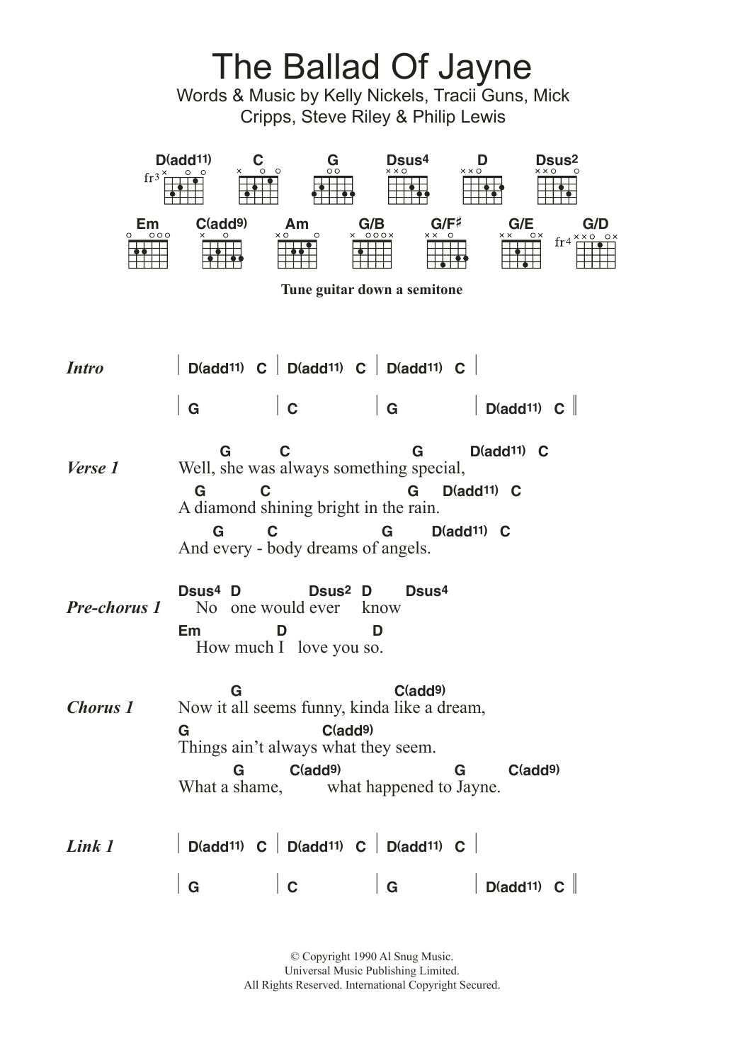 Download L.A. Guns The Ballad Of Jayne Sheet Music and learn how to play Lyrics & Chords PDF digital score in minutes