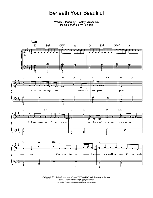 Download Labrinth Beneath Your Beautiful (feat. Emeli Sandé) Sheet Music and learn how to play Easy Piano PDF digital score in minutes