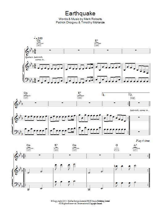 Download Labrinth Earthquake (feat. Tinie Tempah) Sheet Music and learn how to play Piano, Vocal & Guitar (Right-Hand Melody) PDF digital score in minutes