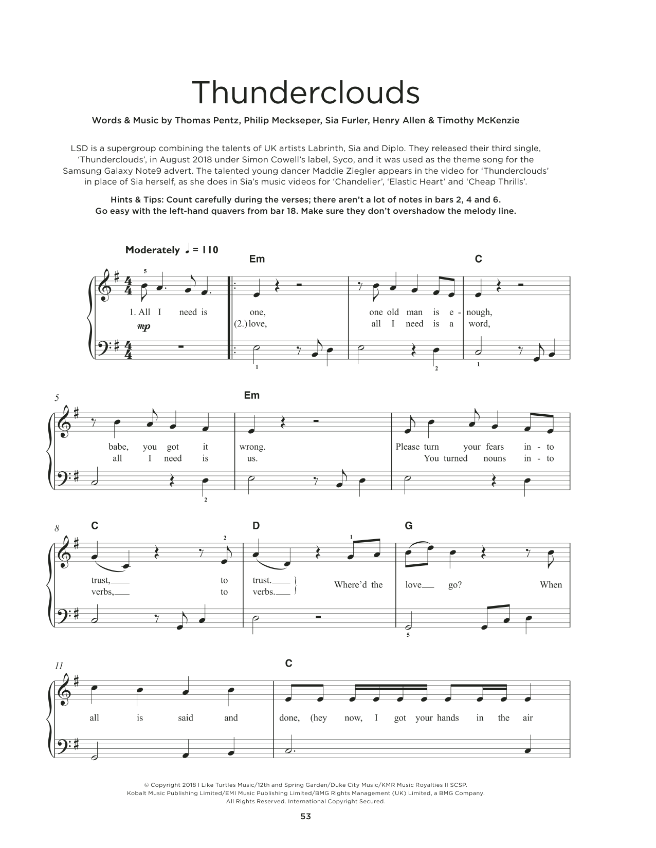Download Labrinth, Sia & Diplo Thunderclouds Sheet Music and learn how to play Really Easy Piano PDF digital score in minutes