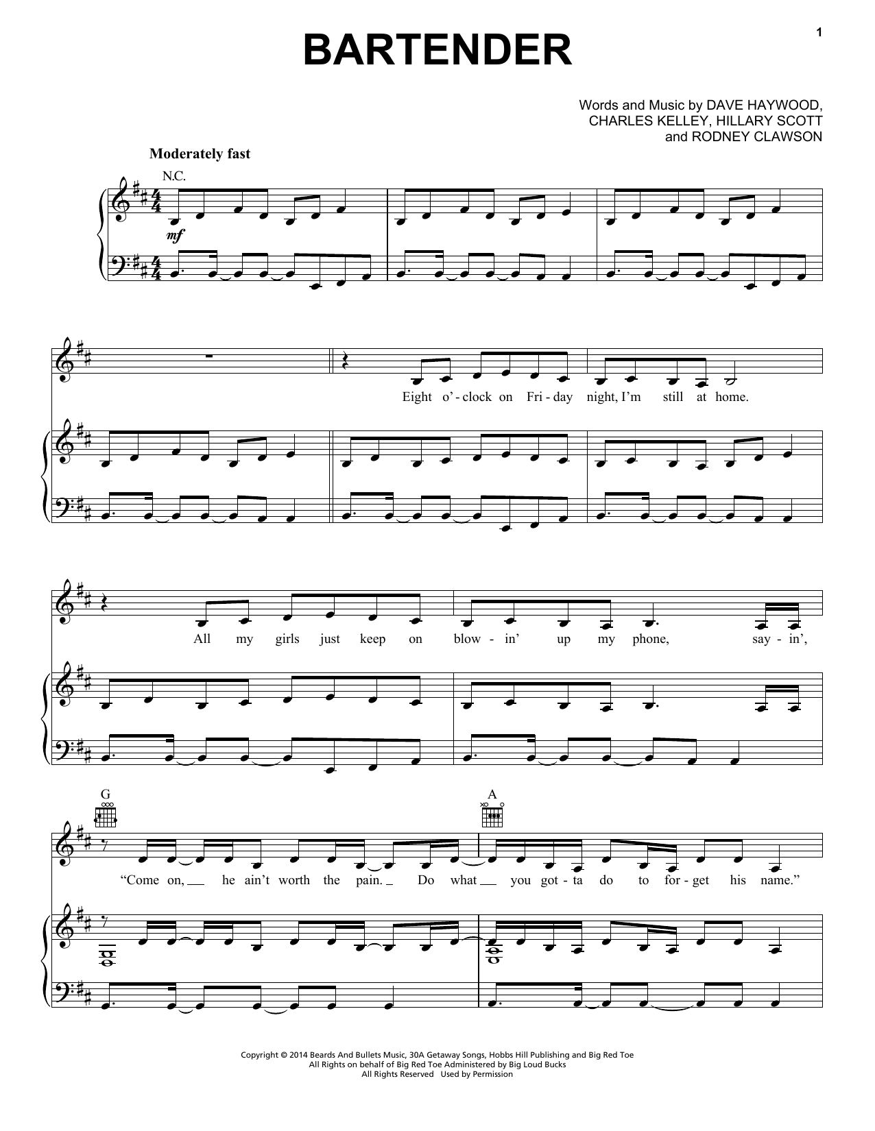 Download Lady Antebellum Bartender Sheet Music and learn how to play Piano, Vocal & Guitar (Right-Hand Melody) PDF digital score in minutes