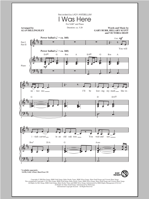 Download Lady Antebellum I Was Here (arr. Alan Billingsley) Sheet Music and learn how to play SATB PDF digital score in minutes