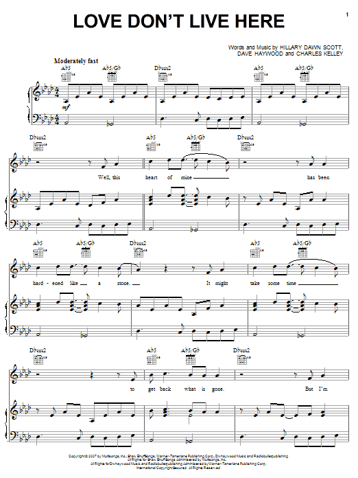 Download Lady Antebellum Love Don't Live Here Sheet Music and learn how to play Piano, Vocal & Guitar (Right-Hand Melody) PDF digital score in minutes