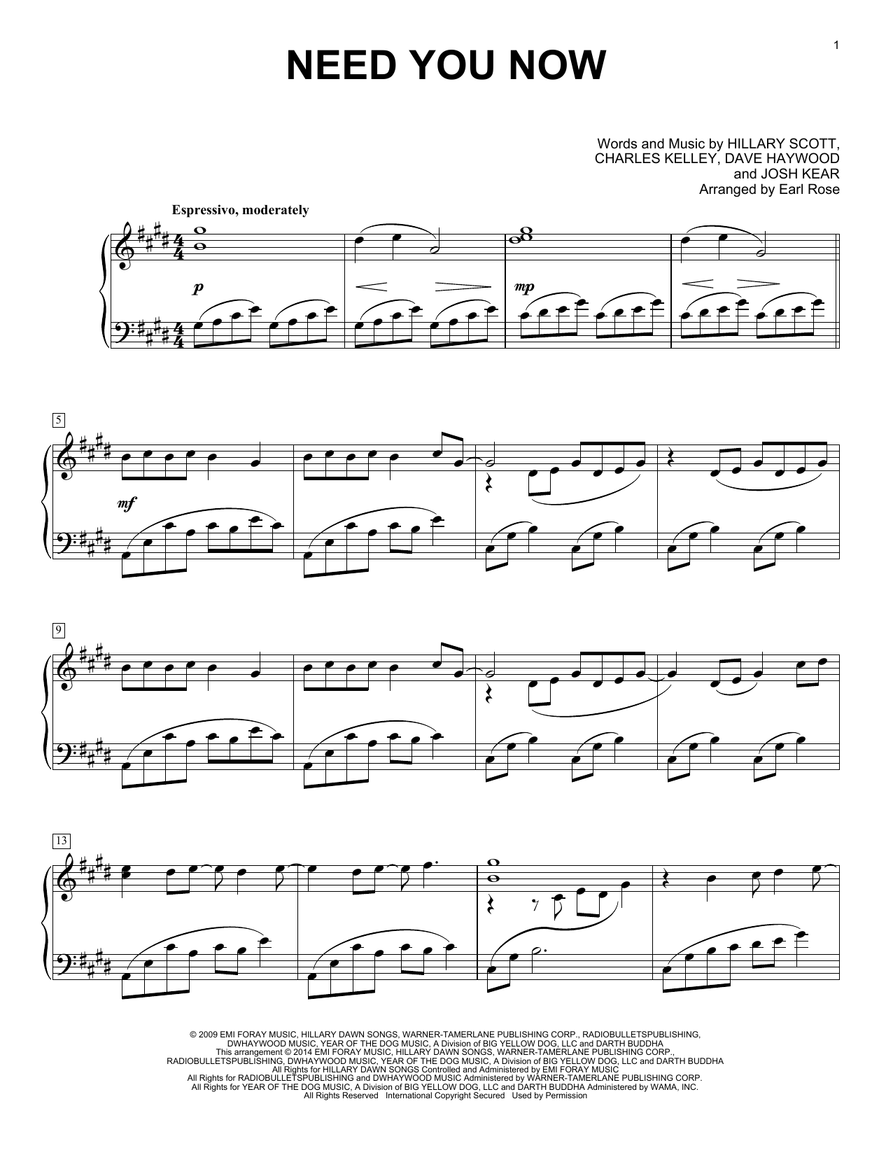 Download Lady Antebellum Need You Now Sheet Music and learn how to play Piano PDF digital score in minutes