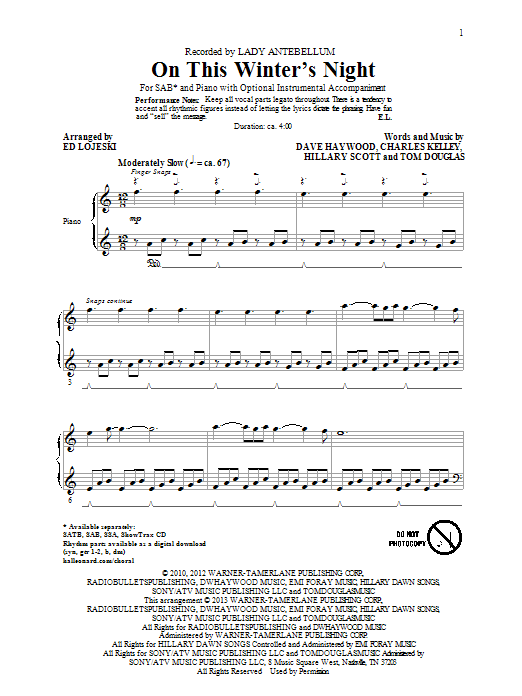 Download Lady Antebellum On This Winter's Night (arr. Ed Lojeski) Sheet Music and learn how to play SATB PDF digital score in minutes