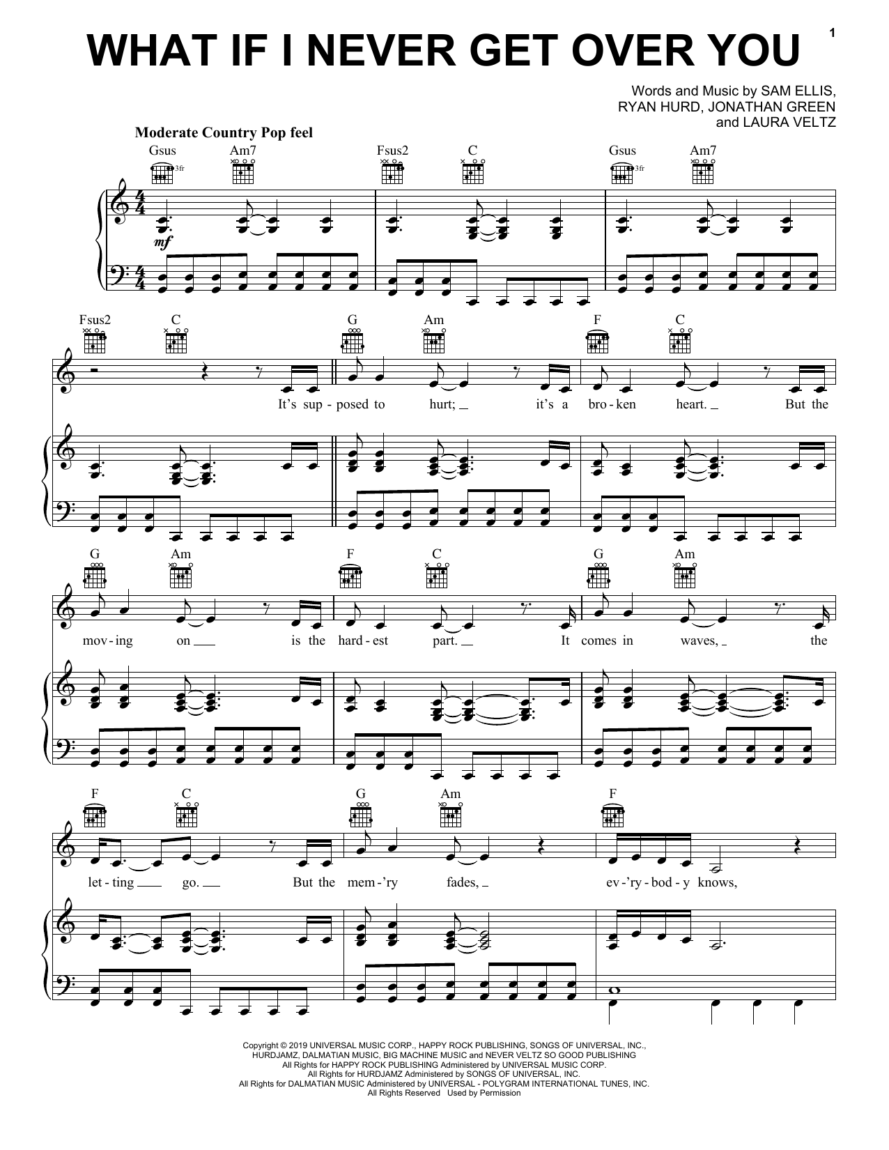 Download Lady A What If I Never Get Over You Sheet Music and learn how to play Piano, Vocal & Guitar Chords (Right-Hand Melody) PDF digital score in minutes