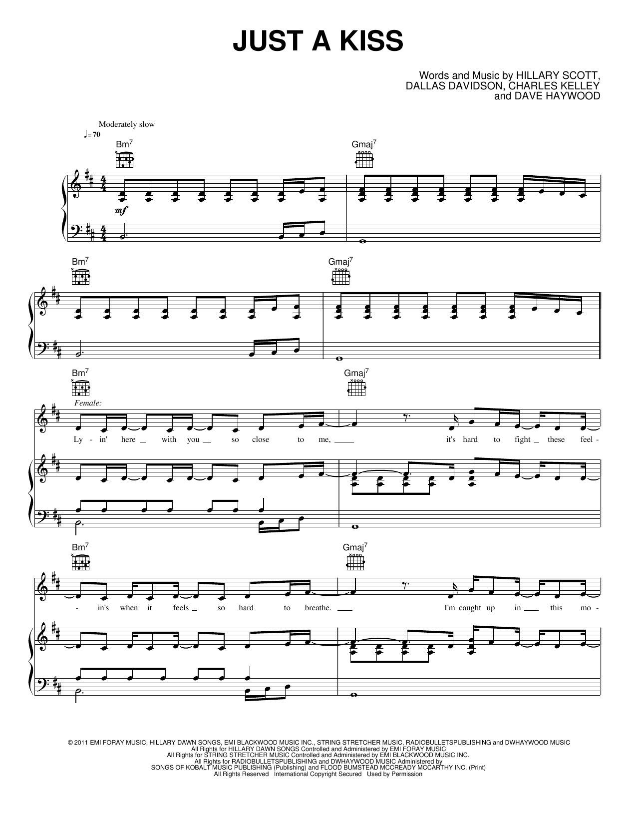 Download Lady Antebellum Just a Kiss Sheet Music and learn how to play Piano, Vocal & Guitar Chords (Right-Hand Melody) PDF digital score in minutes