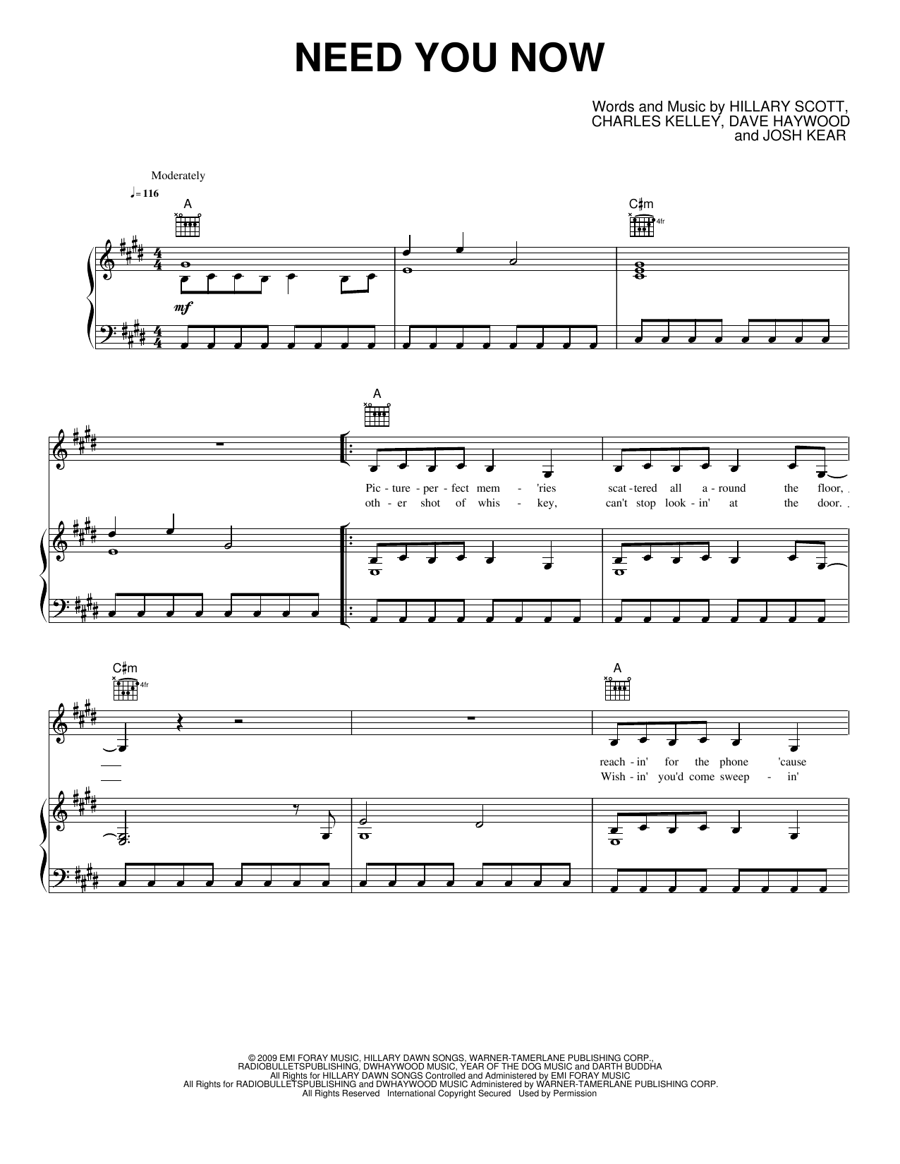 Download Lady Antebellum Need You Now Sheet Music and learn how to play Piano, Vocal & Guitar Chords (Right-Hand Melody) PDF digital score in minutes