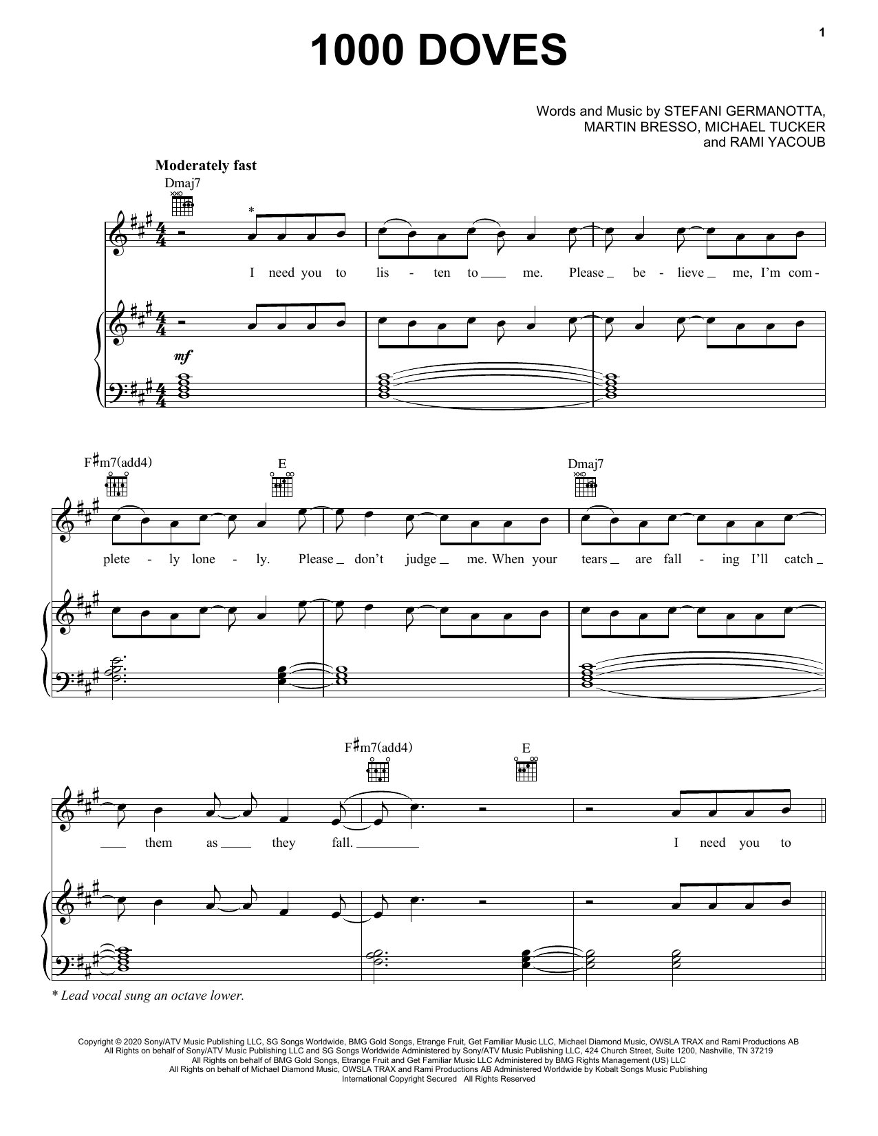 Download Lady Gaga 1000 Doves Sheet Music and learn how to play Piano, Vocal & Guitar Chords (Right-Hand Melody) PDF digital score in minutes