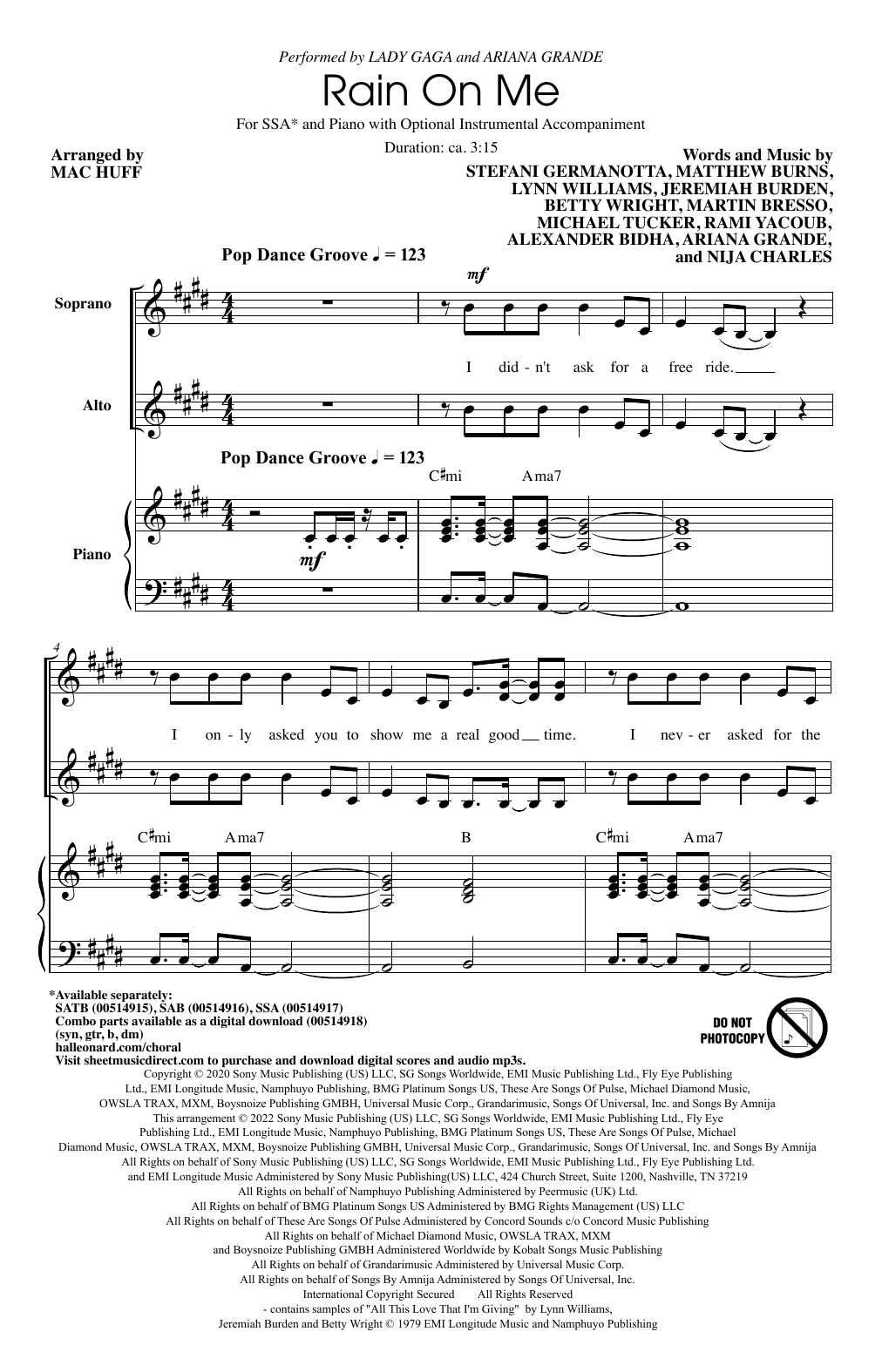 Download Lady Gaga & Ariana Grande Rain On Me (arr. Mac Huff) Sheet Music and learn how to play SSA Choir PDF digital score in minutes