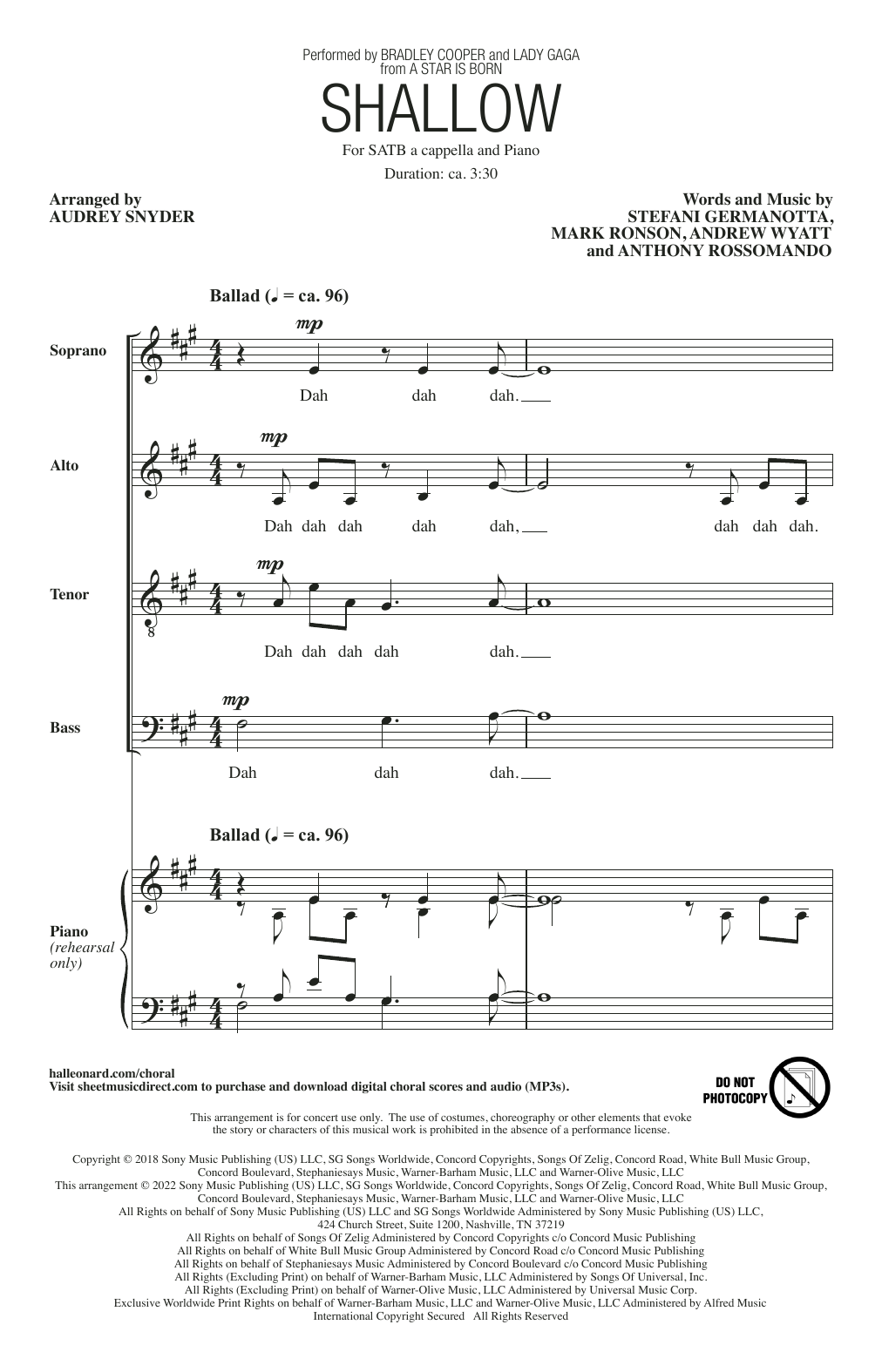 Download Lady Gaga & Bradley Cooper Shallow (from A Star Is Born) (arr. Audrey Snyder) Sheet Music and learn how to play SATB Choir PDF digital score in minutes