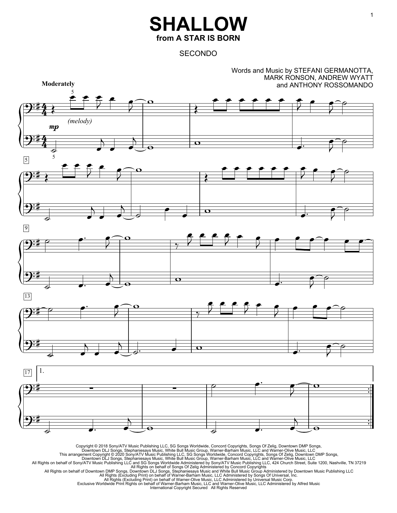 Download Lady Gaga & Bradley Cooper Shallow (from A Star Is Born) (arr. David Pearl) Sheet Music and learn how to play Piano Duet PDF digital score in minutes