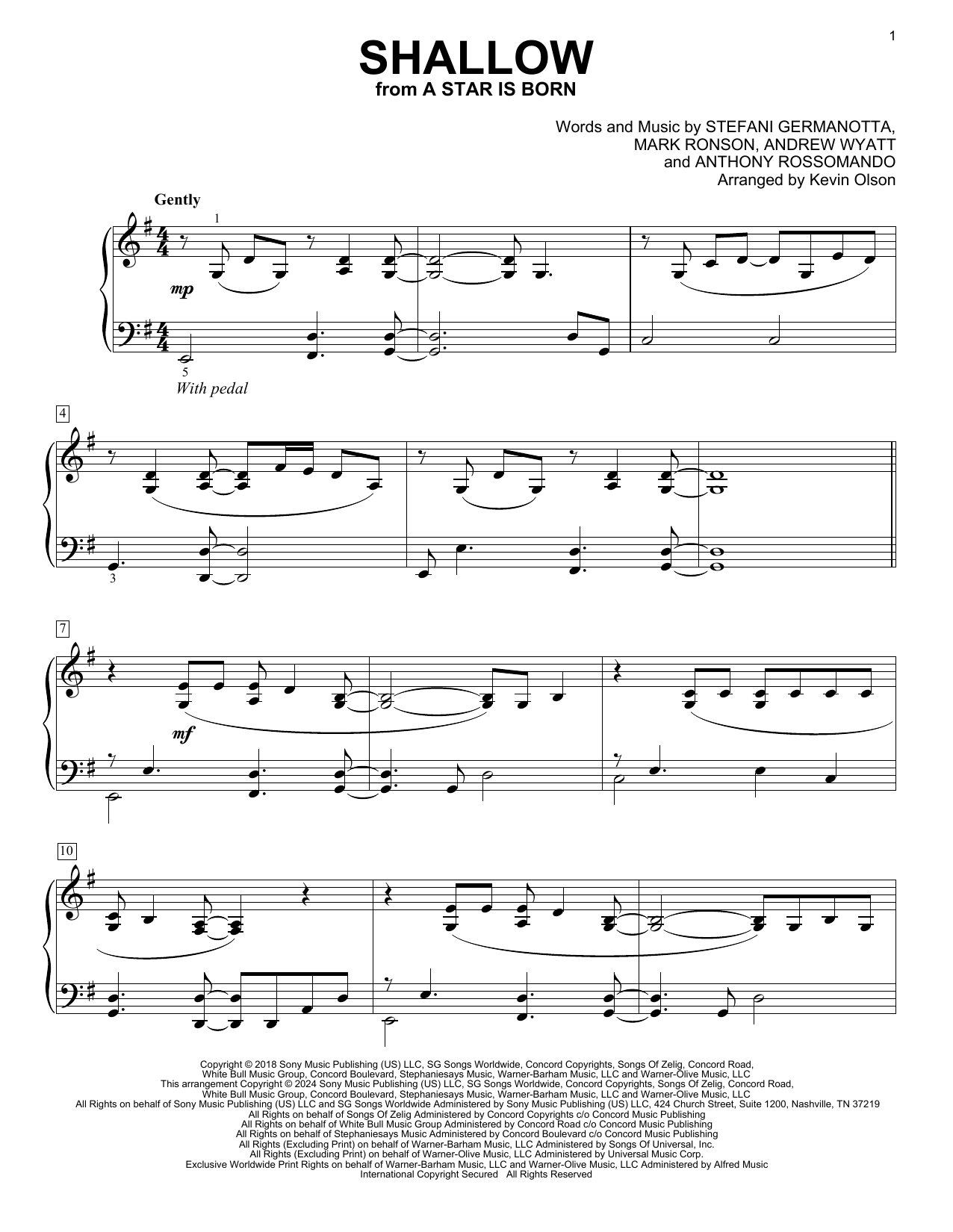 Download Lady Gaga & Bradley Cooper Shallow (from A Star Is Born) (arr. Kevin Olson) Sheet Music and learn how to play Easy Piano Solo PDF digital score in minutes