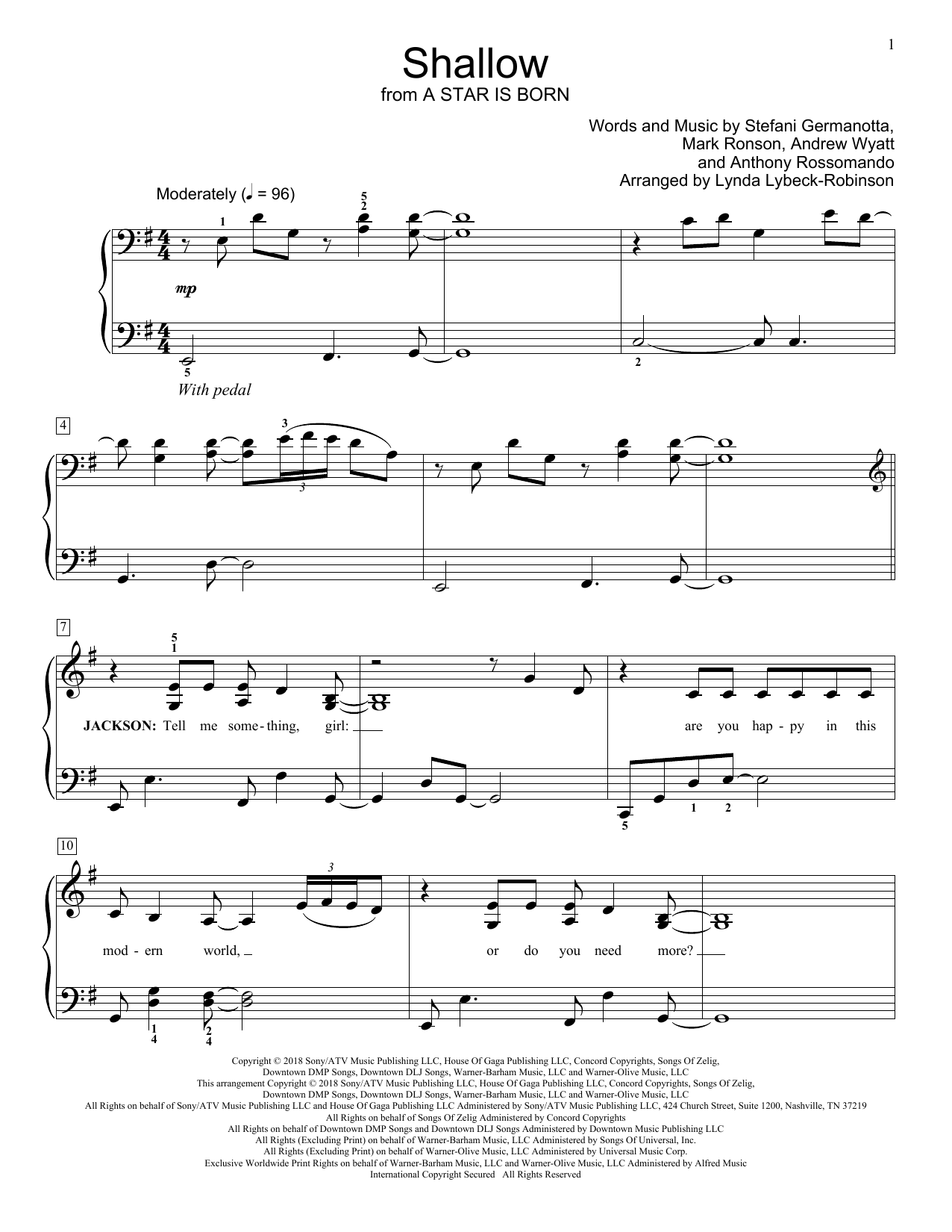 Download Lady Gaga & Bradley Cooper Shallow (from A Star Is Born) (arr. Lynda Lybeck-Robinson) Sheet Music and learn how to play Educational Piano PDF digital score in minutes