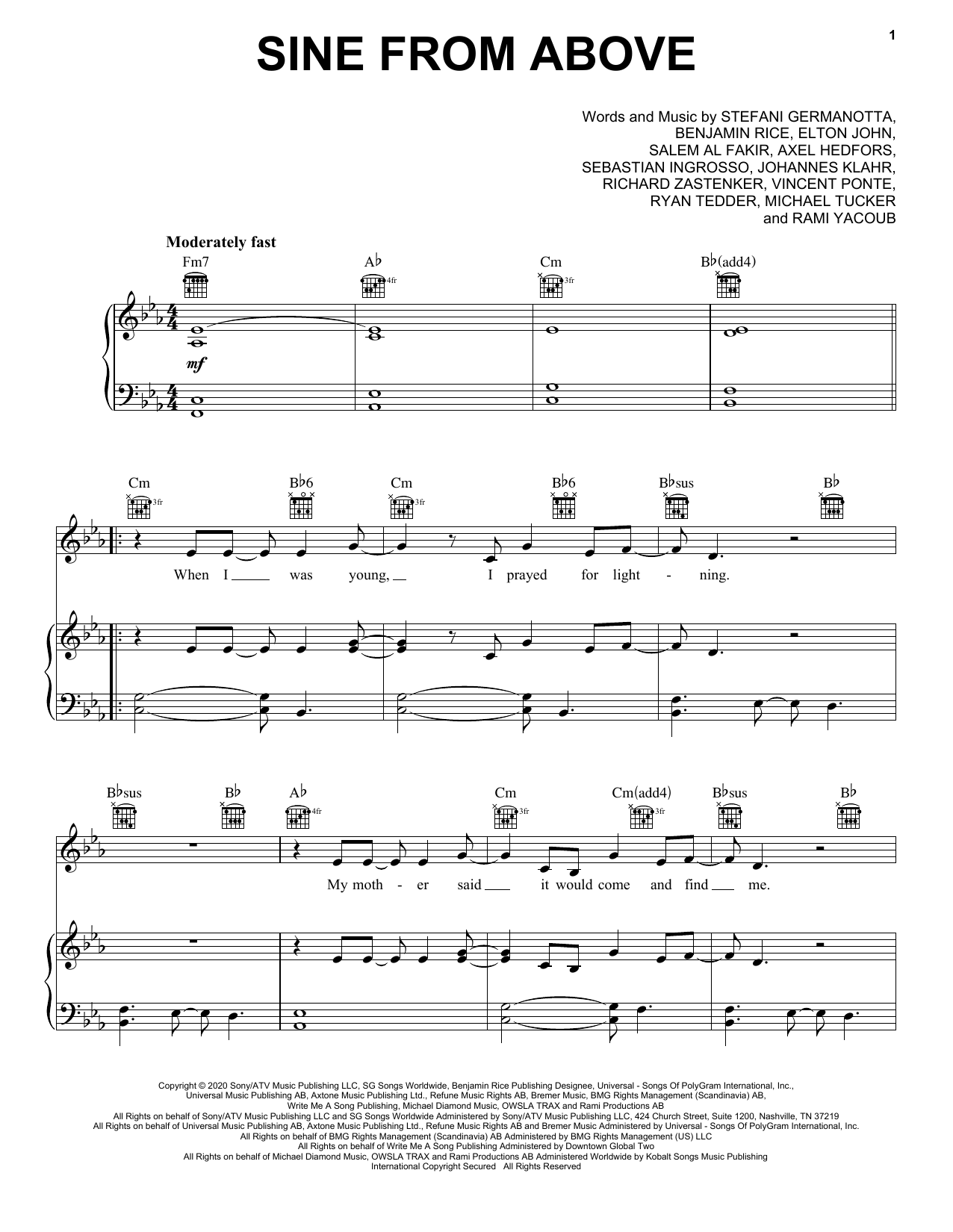Download Lady Gaga & Elton John Sine From Above Sheet Music and learn how to play Piano, Vocal & Guitar Chords (Right-Hand Melody) PDF digital score in minutes