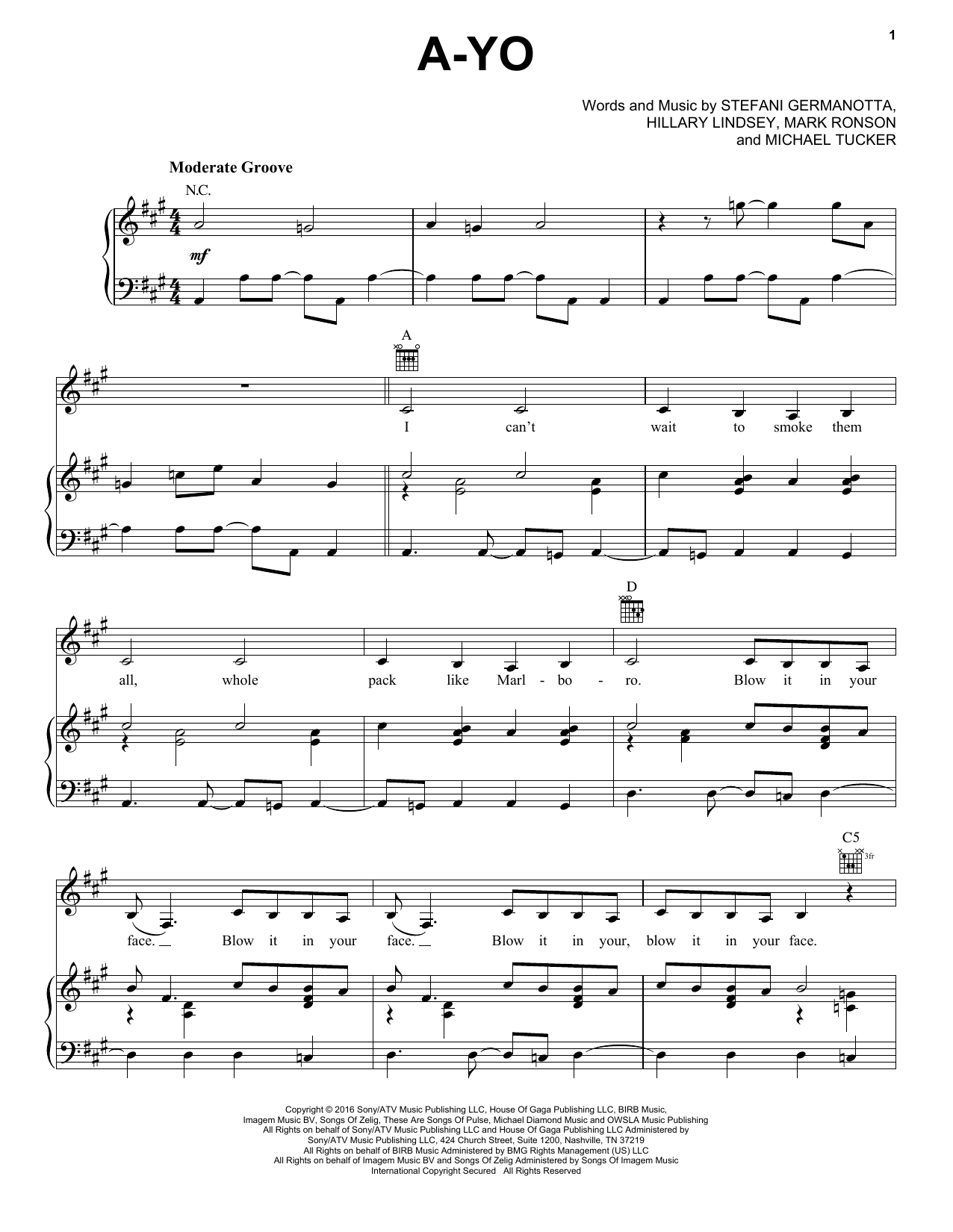 Download Lady Gaga A-Yo Sheet Music and learn how to play Piano, Vocal & Guitar (Right-Hand Melody) PDF digital score in minutes
