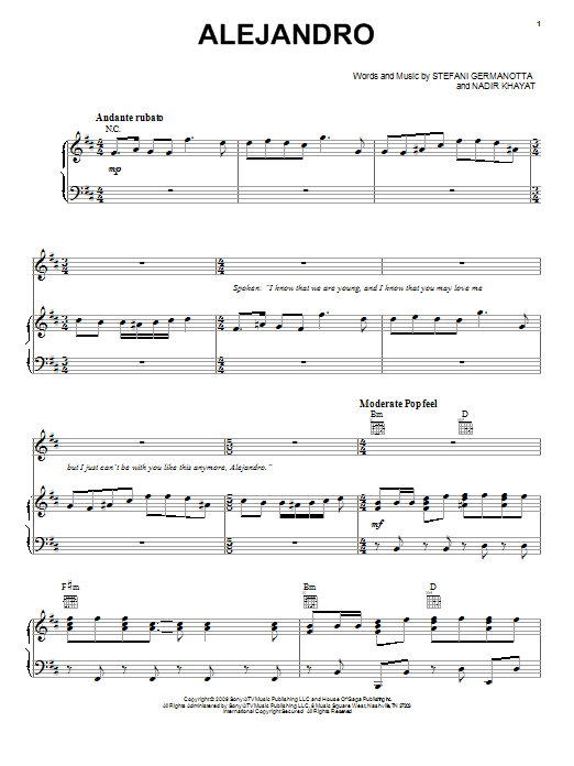 Download Lady GaGa Alejandro Sheet Music and learn how to play Piano, Vocal & Guitar (Right-Hand Melody) PDF digital score in minutes
