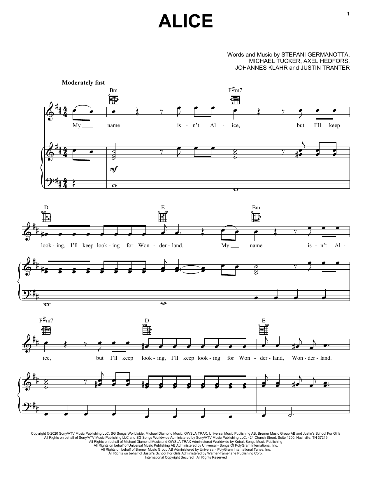 Download Lady Gaga Alice Sheet Music and learn how to play Piano, Vocal & Guitar Chords (Right-Hand Melody) PDF digital score in minutes