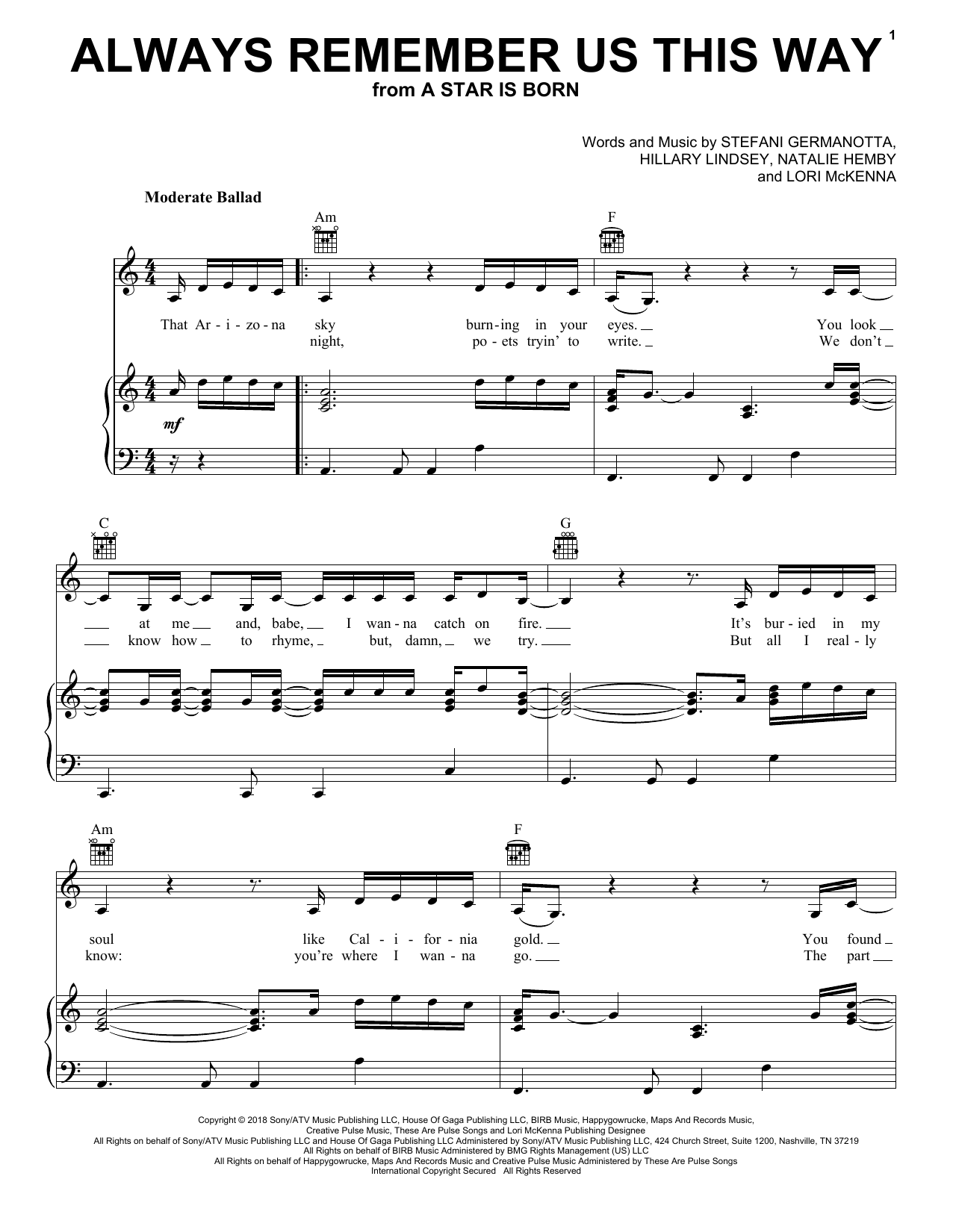 Download Lady Gaga Always Remember Us This Way (from A Star Is Born) Sheet Music and learn how to play Easy Piano PDF digital score in minutes