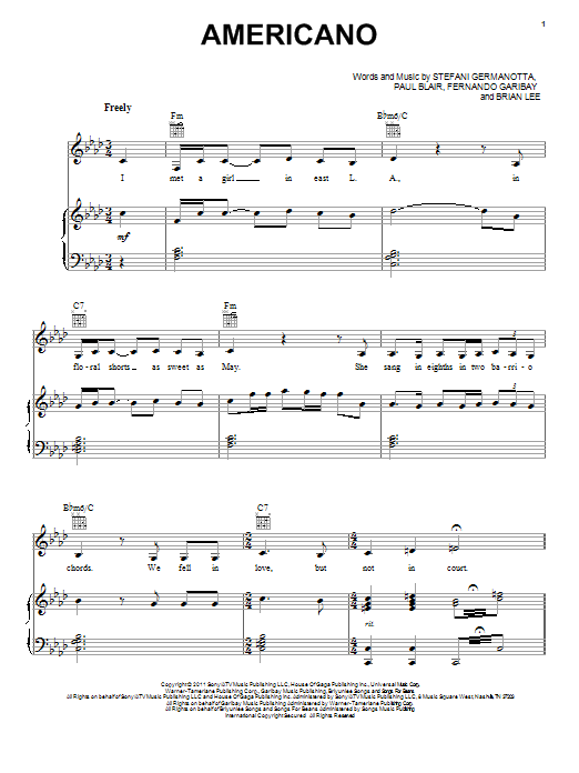 Download Lady Gaga Americano Sheet Music and learn how to play Piano, Vocal & Guitar (Right-Hand Melody) PDF digital score in minutes