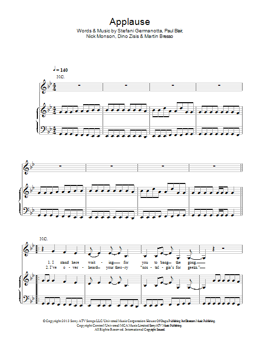 Download Lady Gaga Applause Sheet Music and learn how to play Piano, Vocal & Guitar (Right-Hand Melody) PDF digital score in minutes