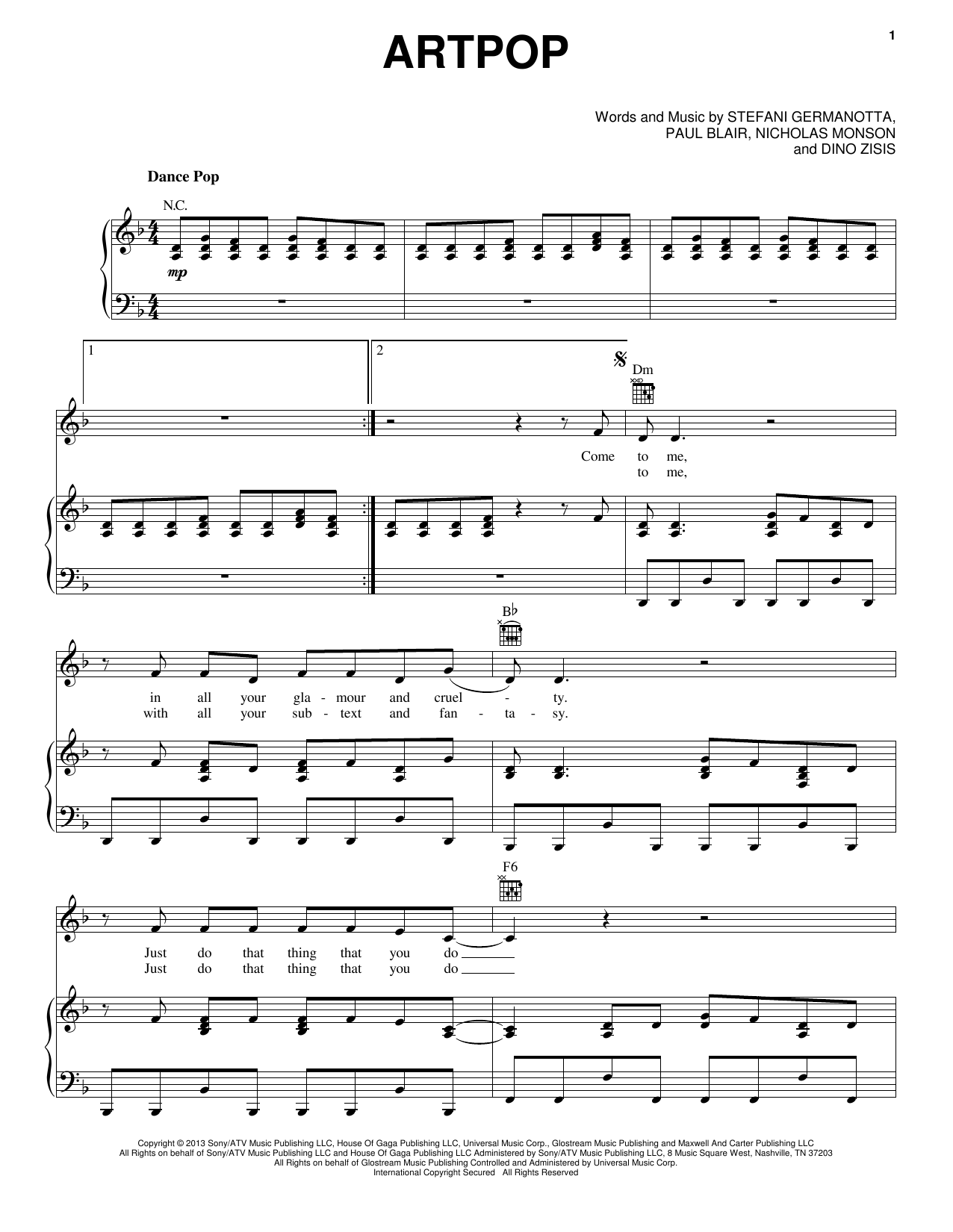 Download Lady Gaga ARTPOP Sheet Music and learn how to play Piano, Vocal & Guitar (Right-Hand Melody) PDF digital score in minutes