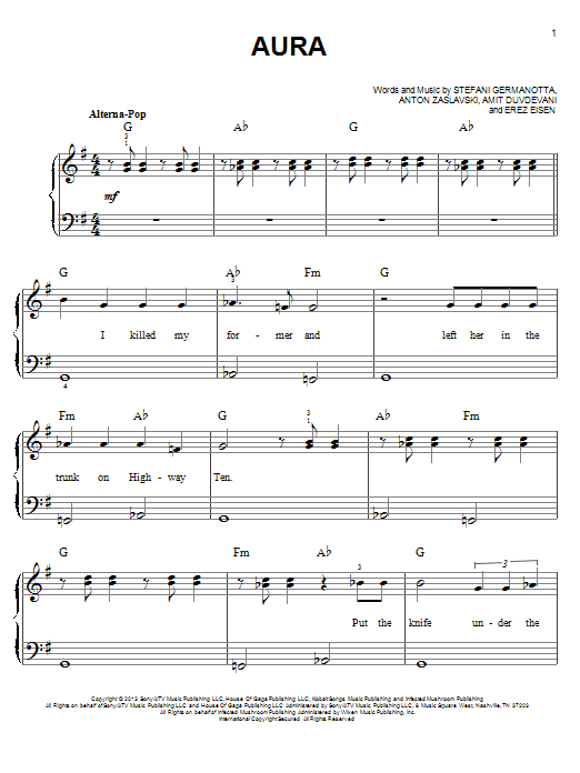 Download Lady Gaga Aura Sheet Music and learn how to play Easy Piano PDF digital score in minutes