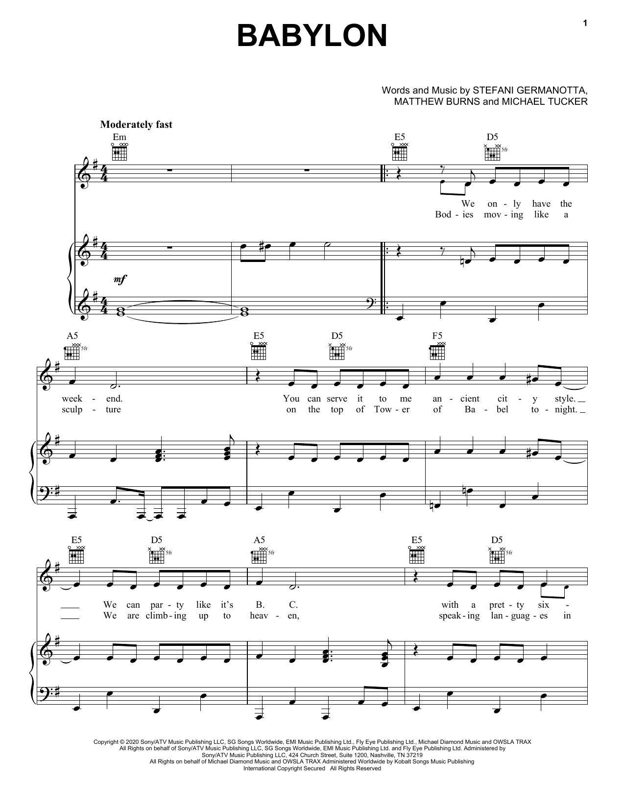 Download Lady Gaga Babylon Sheet Music and learn how to play Piano, Vocal & Guitar Chords (Right-Hand Melody) PDF digital score in minutes