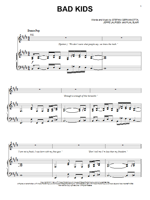 Download Lady Gaga Bad Kids Sheet Music and learn how to play Piano, Vocal & Guitar (Right-Hand Melody) PDF digital score in minutes