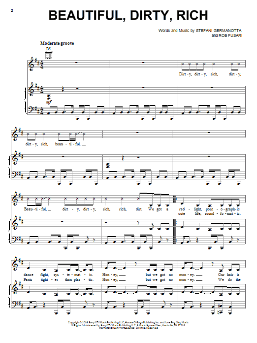 Download Lady Gaga Beautiful, Dirty, Rich Sheet Music and learn how to play Piano, Vocal & Guitar (Right-Hand Melody) PDF digital score in minutes
