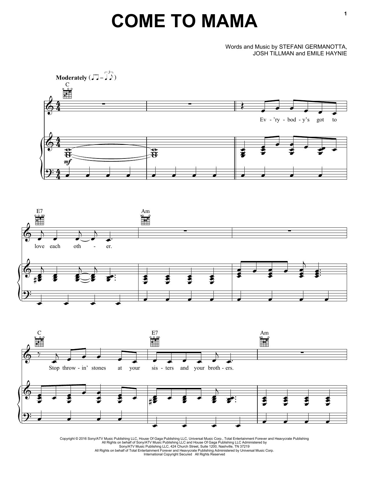 Download Lady Gaga Come To Mama Sheet Music and learn how to play Piano, Vocal & Guitar (Right-Hand Melody) PDF digital score in minutes