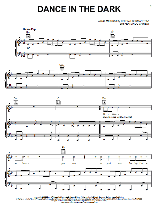 Download Lady GaGa Dance In The Dark Sheet Music and learn how to play Piano, Vocal & Guitar (Right-Hand Melody) PDF digital score in minutes