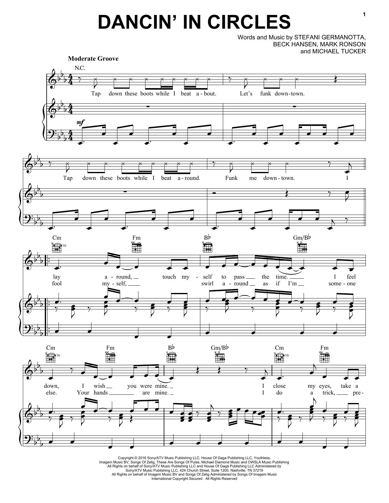 Download Lady Gaga Dancin' In Circles Sheet Music and learn how to play Piano, Vocal & Guitar (Right-Hand Melody) PDF digital score in minutes