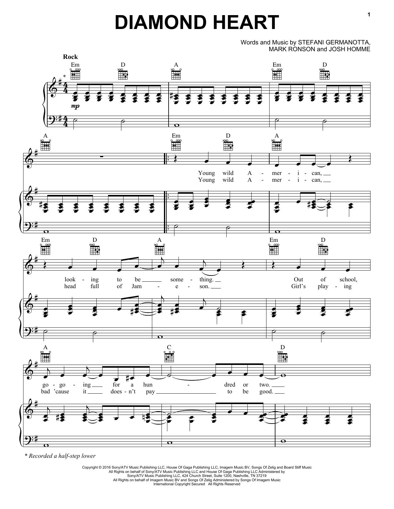 Download Lady Gaga Diamond Heart Sheet Music and learn how to play Piano, Vocal & Guitar (Right-Hand Melody) PDF digital score in minutes
