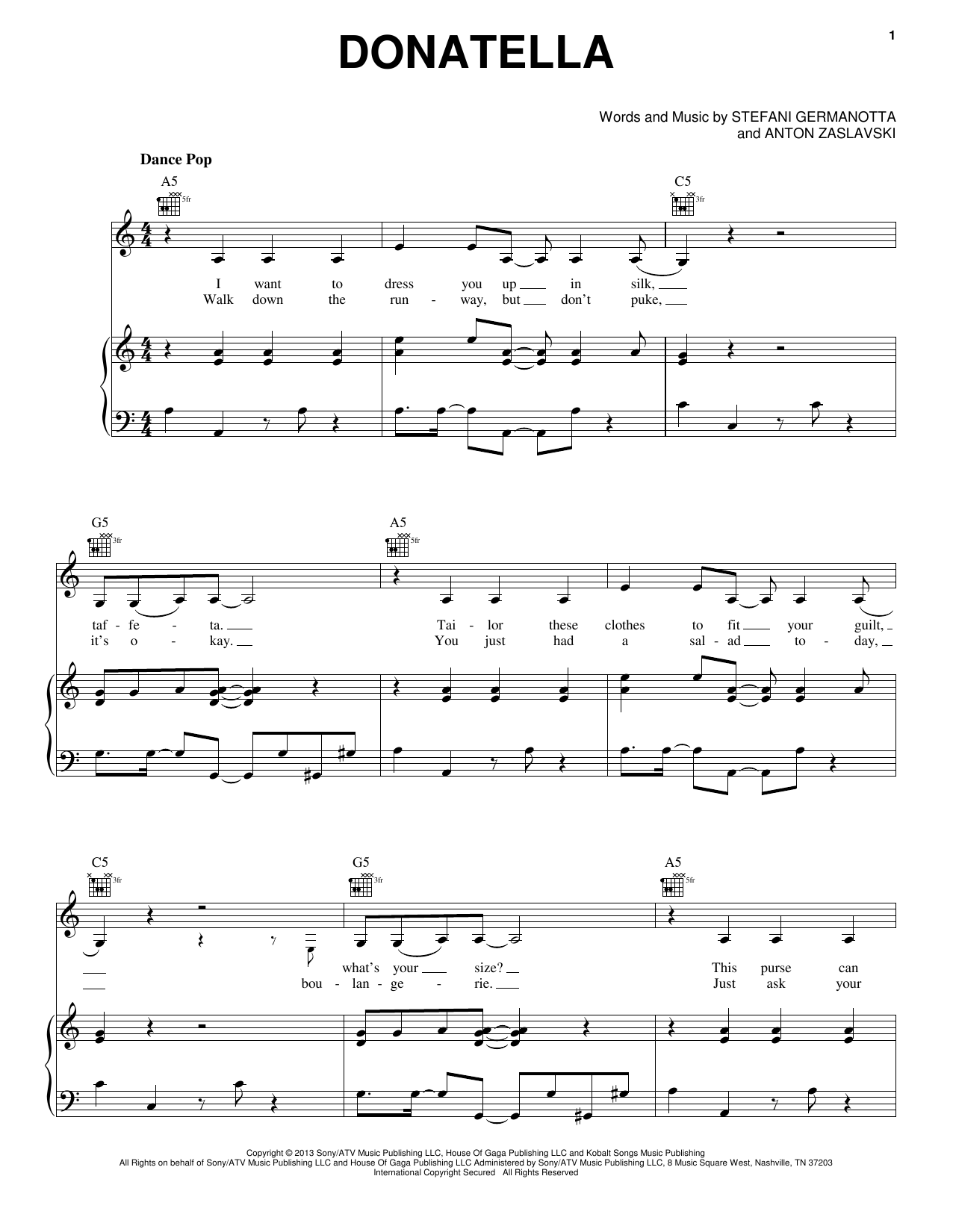 Download Lady Gaga Donatella Sheet Music and learn how to play Piano, Vocal & Guitar (Right-Hand Melody) PDF digital score in minutes