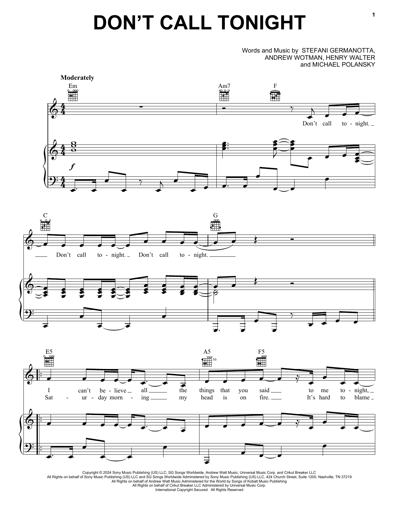 Download Lady Gaga Don't Call Tonight Sheet Music and learn how to play Piano, Vocal & Guitar Chords (Right-Hand Melody) PDF digital score in minutes