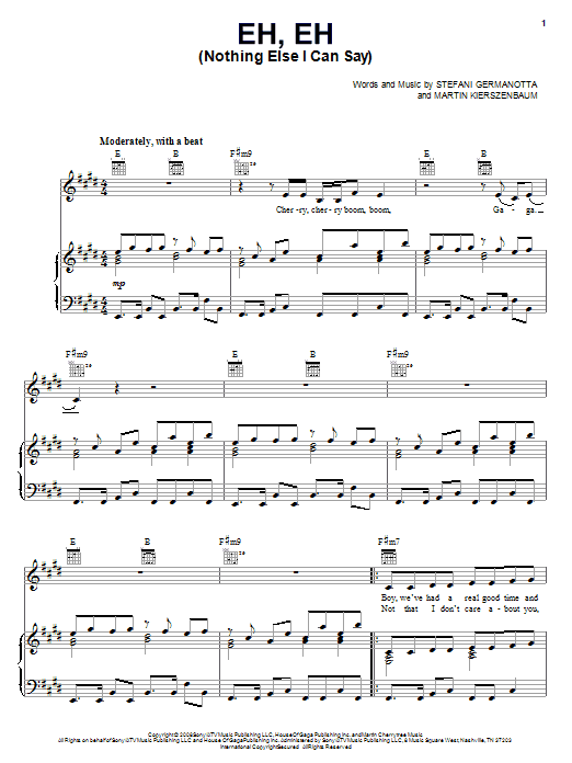 Download Lady Gaga Eh, Eh (Nothing Else I Can Say) Sheet Music and learn how to play Easy Piano PDF digital score in minutes