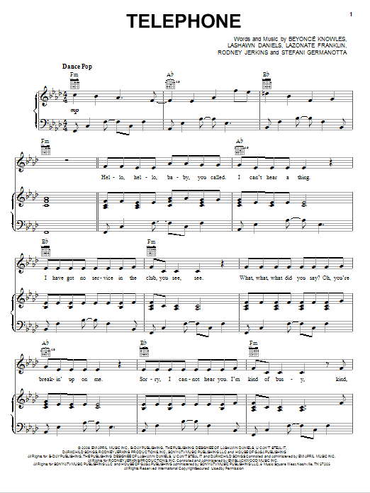Download Lady GaGa Telephone Sheet Music and learn how to play Piano, Vocal & Guitar (Right-Hand Melody) PDF digital score in minutes