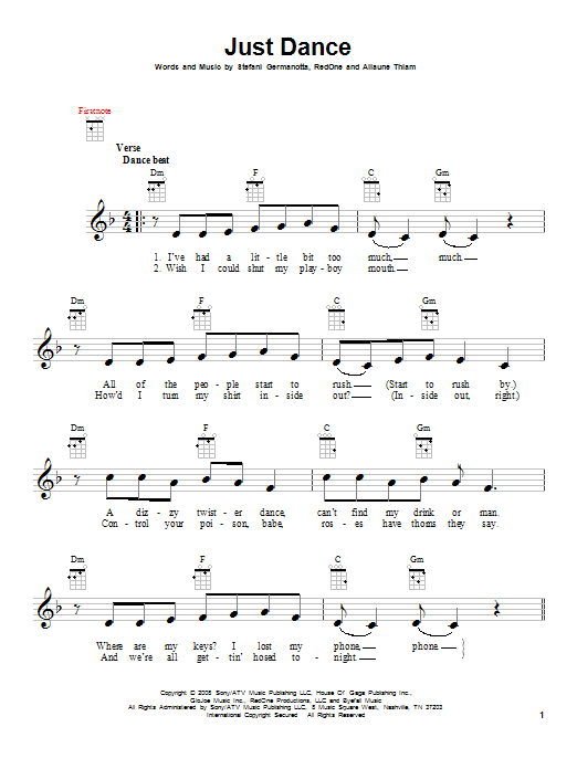 Download Lady GaGa featuring Colby O'Donis Just Dance Sheet Music and learn how to play Ukulele PDF digital score in minutes
