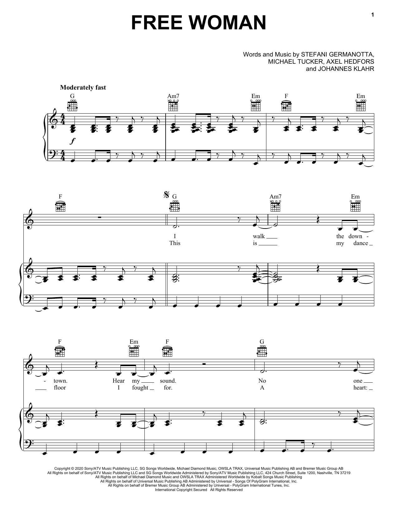 Download Lady Gaga Free Woman Sheet Music and learn how to play Piano, Vocal & Guitar Chords (Right-Hand Melody) PDF digital score in minutes