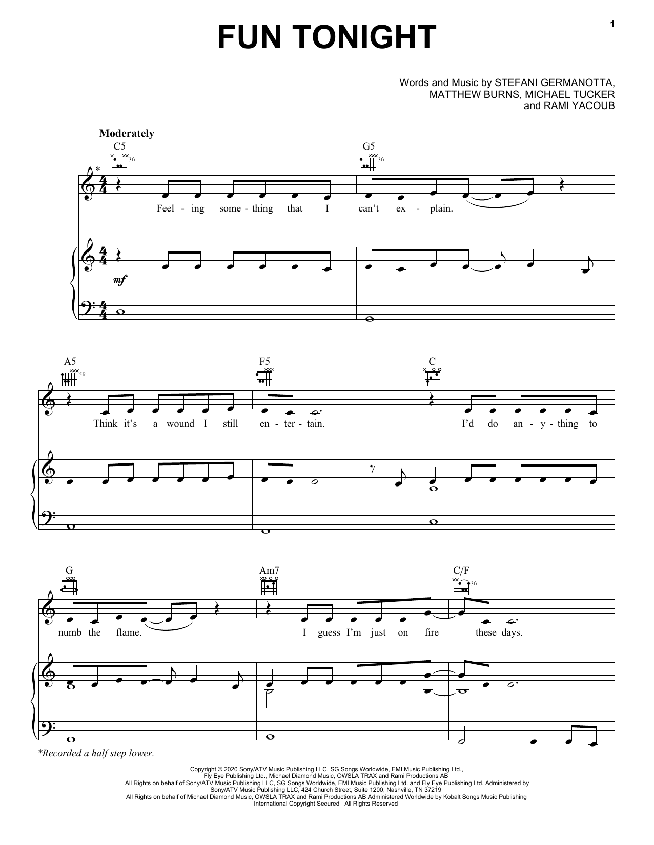 Download Lady Gaga Fun Tonight Sheet Music and learn how to play Piano, Vocal & Guitar Chords (Right-Hand Melody) PDF digital score in minutes