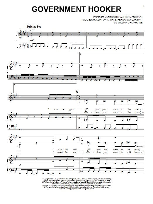 Download Lady Gaga Government Hooker Sheet Music and learn how to play Piano, Vocal & Guitar (Right-Hand Melody) PDF digital score in minutes