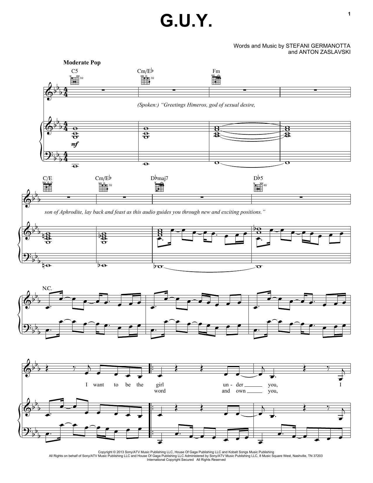 Download Lady Gaga G.U.Y. Sheet Music and learn how to play Piano, Vocal & Guitar (Right-Hand Melody) PDF digital score in minutes