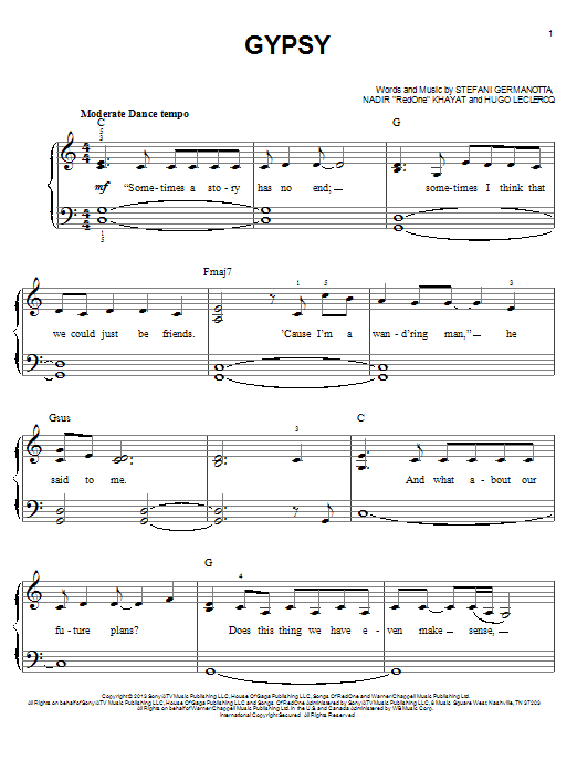 Download Lady Gaga Gypsy Sheet Music and learn how to play Piano, Vocal & Guitar (Right-Hand Melody) PDF digital score in minutes
